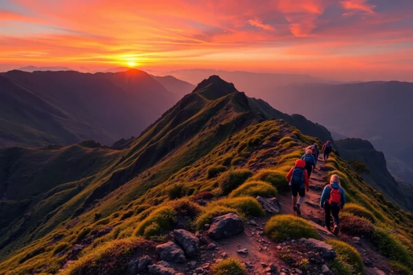 Mastering Indonesian Trekking: Essential Guides for Adventurers and Nature Enthusiasts Scenic trekking adventure in Indonesia with hikers crossing rugged mountain trail at sunset, emphasizing rugged terrain and natural beauty.