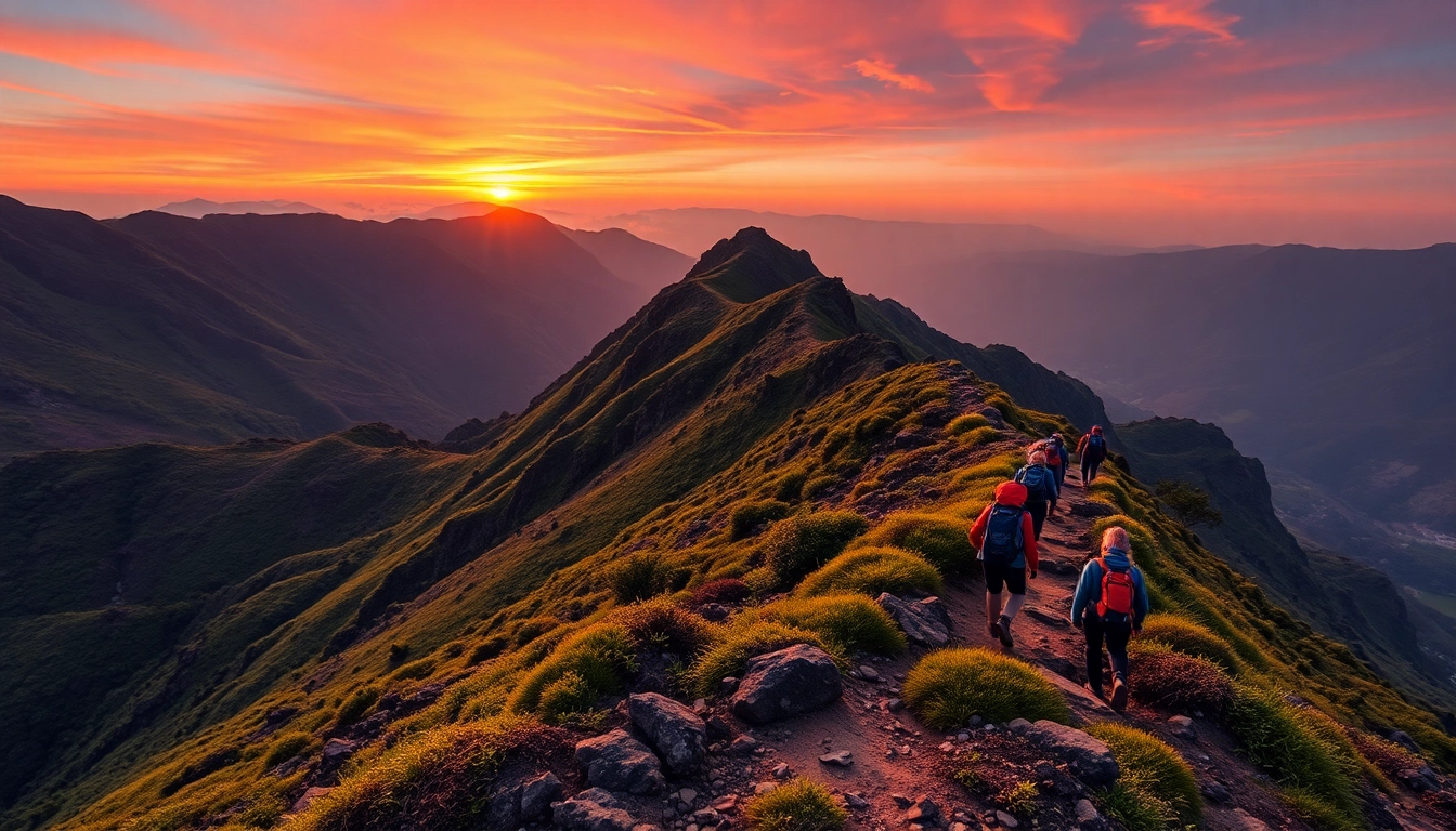 Scenic trekking adventure in Indonesia with hikers crossing rugged mountain trail at sunset, emphasizing rugged terrain and natural beauty.