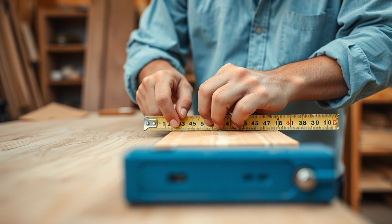 Carpenter expertly measuring wood for a custom furniture project in a workshop setting, showcasing craftsmanship and attention to detail.