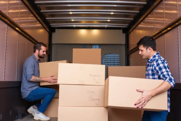 Professional movers Calgary carefully loading a truck with boxes in a clean, organized setting, showcasing expert moving services.
