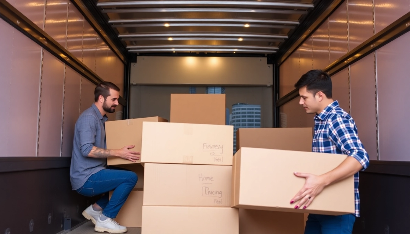 Professional movers Calgary carefully loading a truck with boxes in a clean, organized setting, showcasing expert moving services.