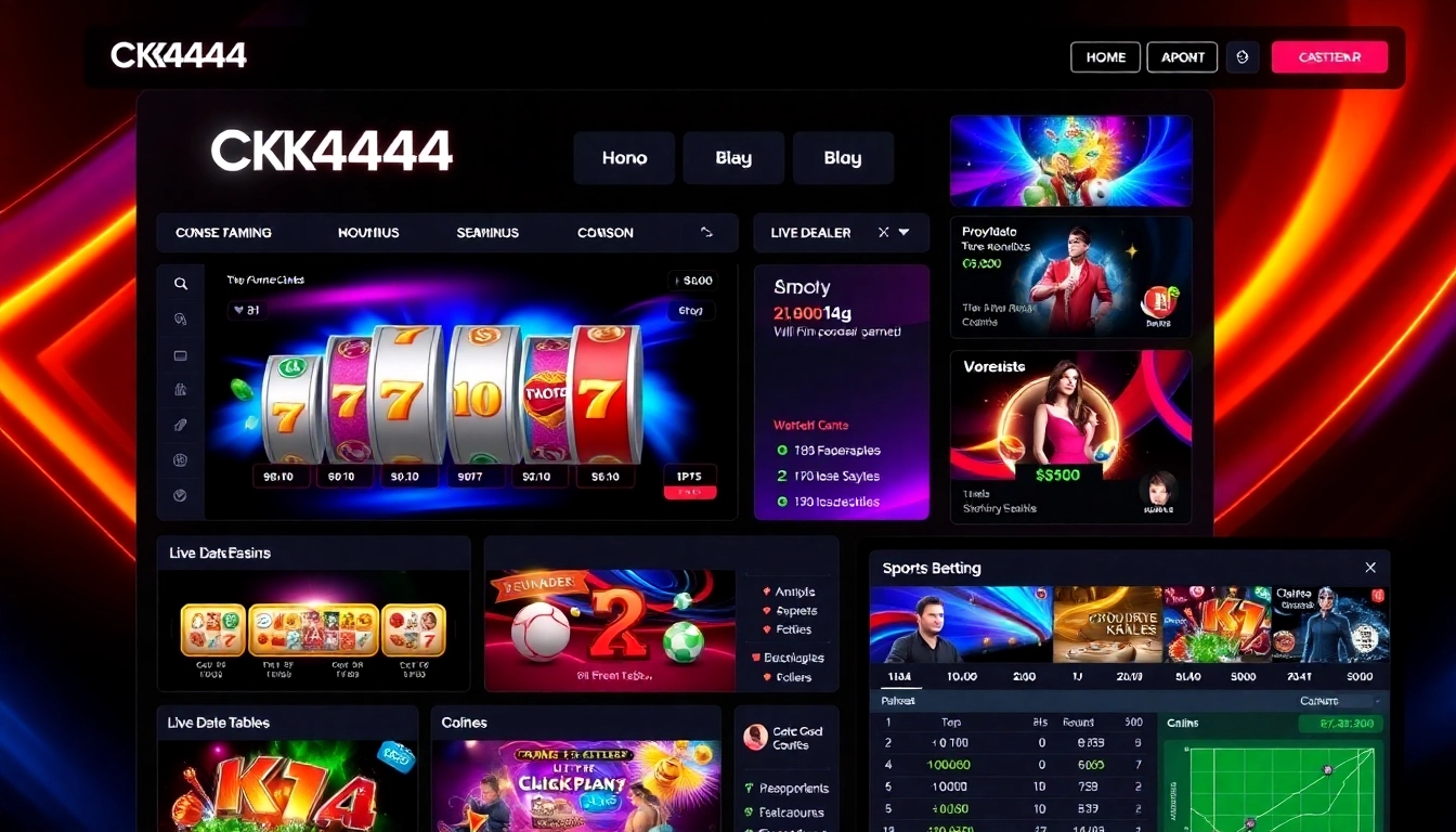 CK 444 online gaming platform showcasing slots, live dealer, and sports betting with vibrant visuals and engaging interface for fair play and excitement.