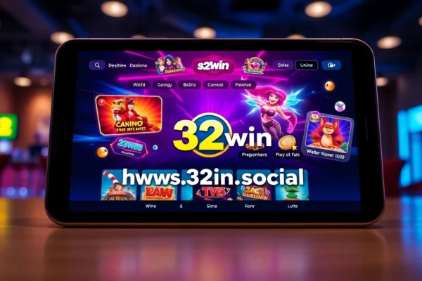 Playful scene of a player enjoying https://32win.social/ online gambling platform with colorful game graphics, highlighting user engagement and secure environment.