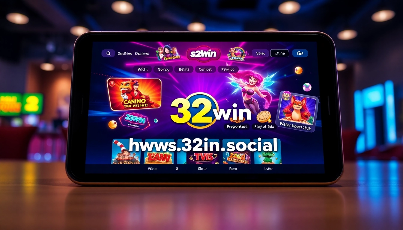 Playful scene of a player enjoying https://32win.social/ online gambling platform with colorful game graphics, highlighting user engagement and secure environment.