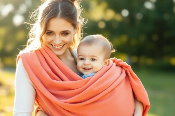 Parent demonstrating Paras kantoreppu, showing ergonomic design and comfort for both caregiver and baby during outdoor walk.