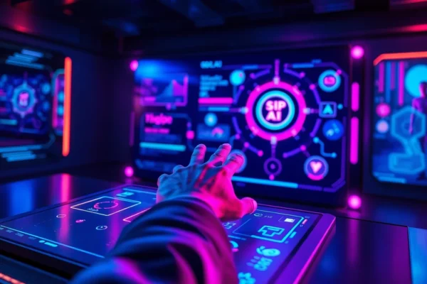 Futuristic AI interface with neon lights and holographic elements in a high-tech room.