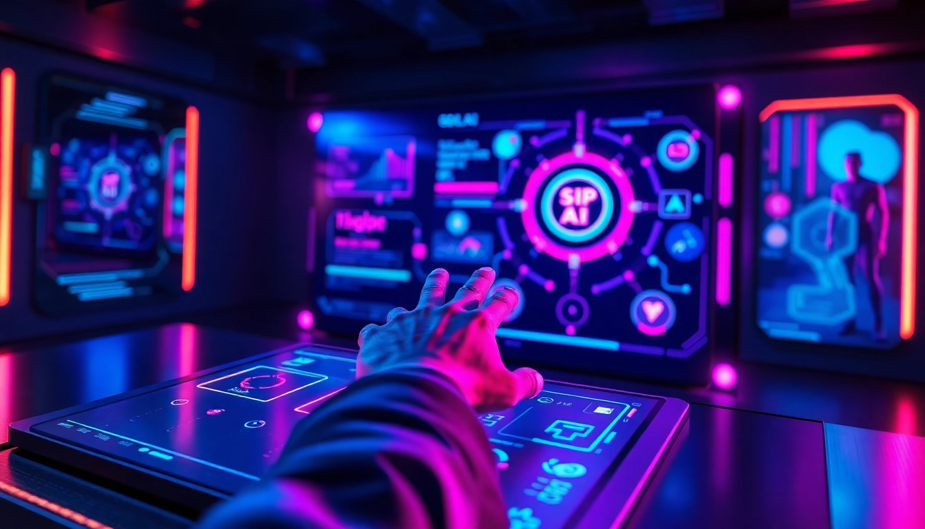 Futuristic AI interface with neon lights and holographic elements in a high-tech room.