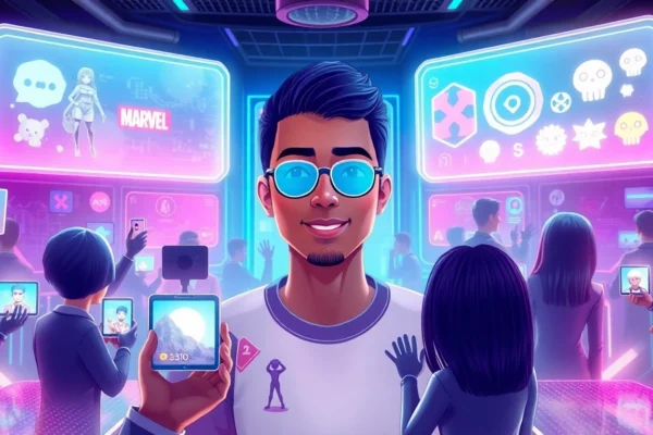 Discover the Future of Social Interaction with Status AI: Your Ultimate Virtual Social Adventure A colorful digital scene of avatars and AI characters interacting in a high-tech virtual social environment with neon lights and holographic screens.