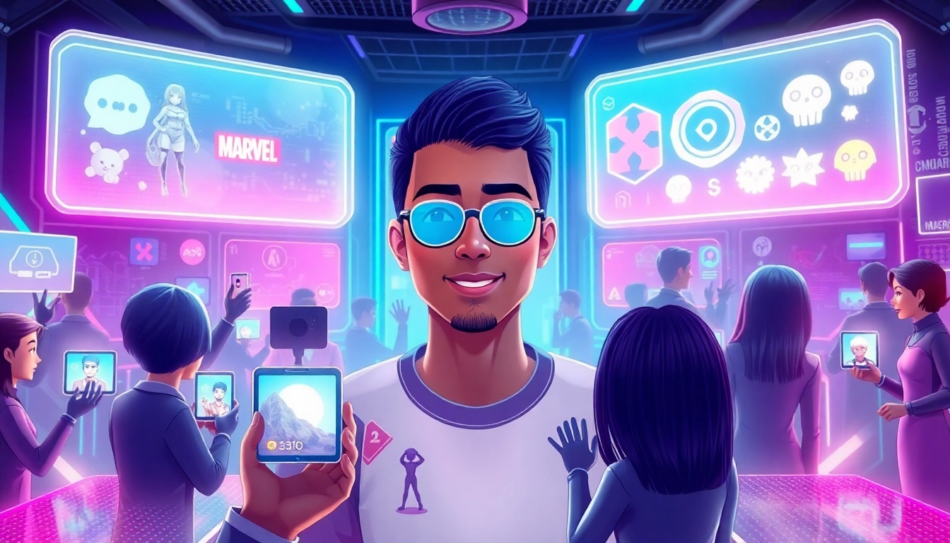A colorful digital scene of avatars and AI characters interacting in a high-tech virtual social environment with neon lights and holographic screens.