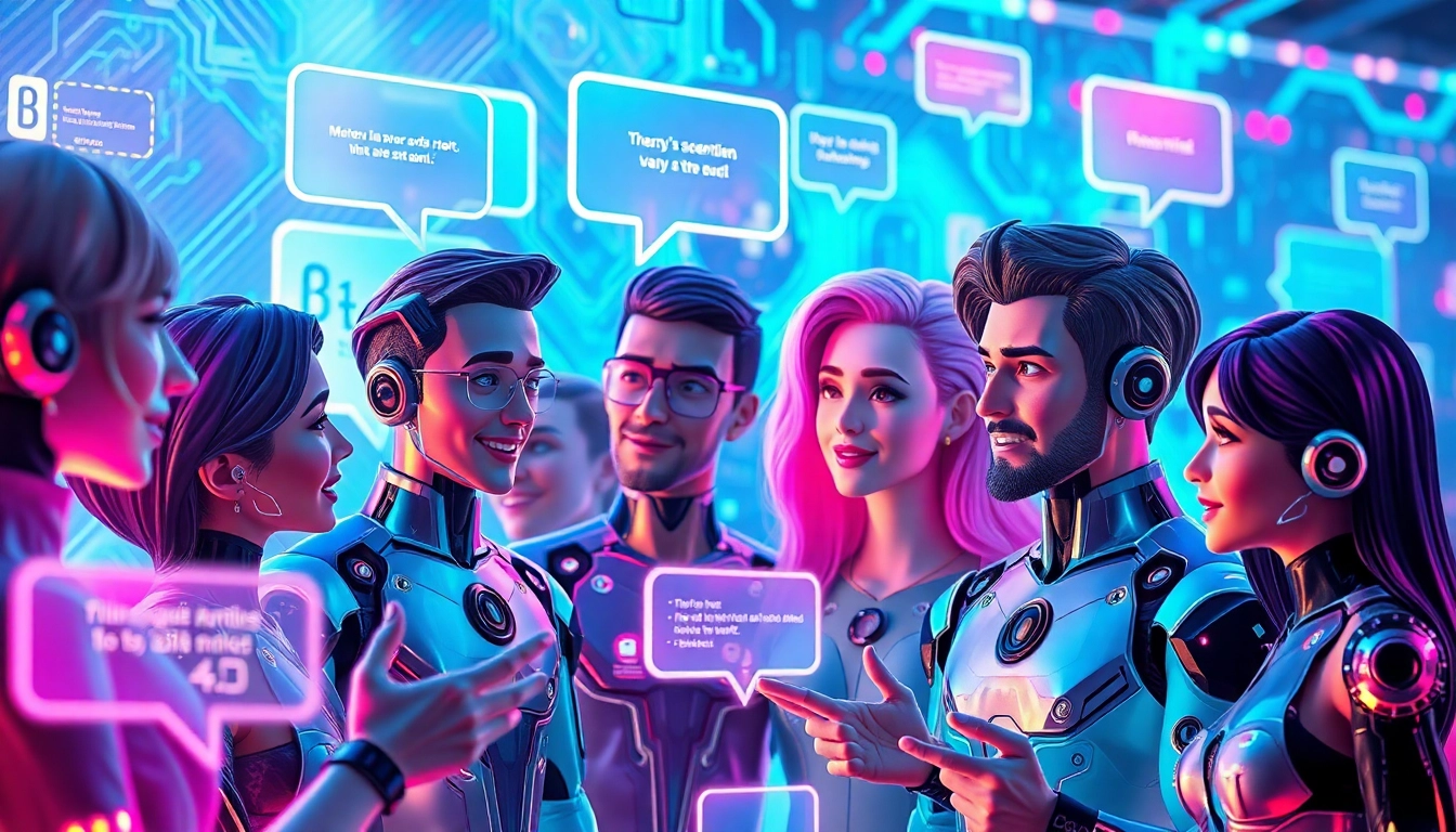 Futuristic digital scene with expressive AI characters engaging in colorful, emotion-rich chat interactions with holographic visuals.