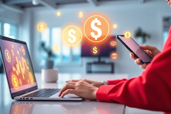 Earn money online via laptop and mobile in a modern workspace, showcasing digital income opportunities and growth.