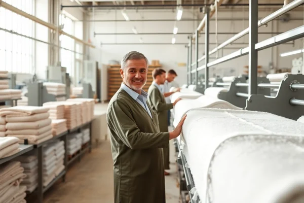European towels manufacturer showcasing premium cotton towels in a well-equipped factory setting, emphasizing quality and craftsmanship with natural textures and vibrant colors.