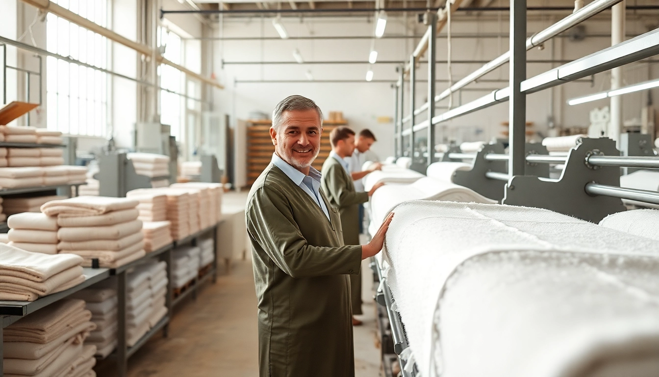 European towels manufacturer showcasing premium cotton towels in a well-equipped factory setting, emphasizing quality and craftsmanship with natural textures and vibrant colors.