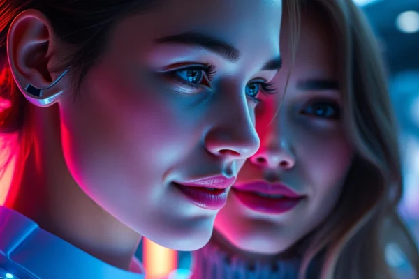 AI girlfriend engaging in a realistic and unfiltered NSFW chat, emphasizing intimacy and digital companionship with detailed facial expressions and a captivating background.