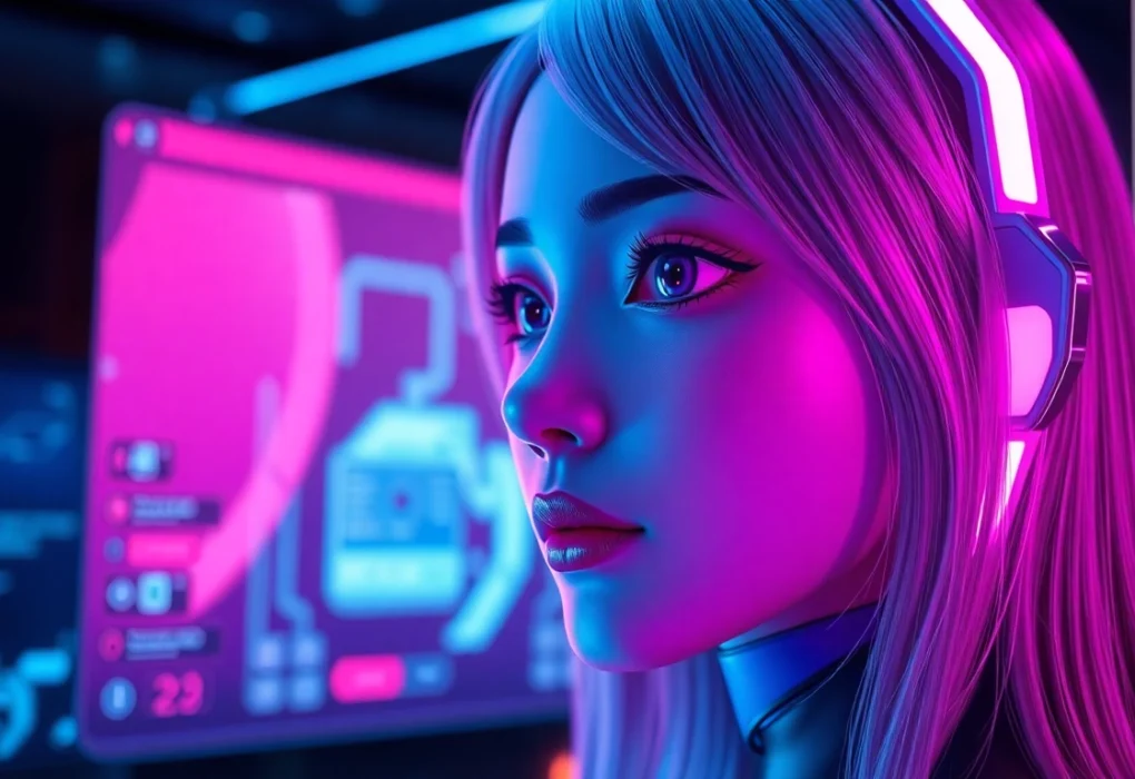 Futuristic digital interface with a realistic anime-style AI girlfriend avatar in a high-tech environment.