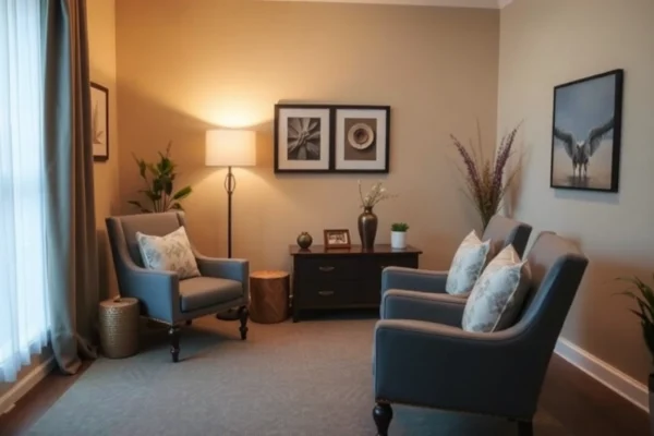 Psychoterapia Lublin – Tranquil therapy space with cozy seating and peaceful ambiance for mental health support.