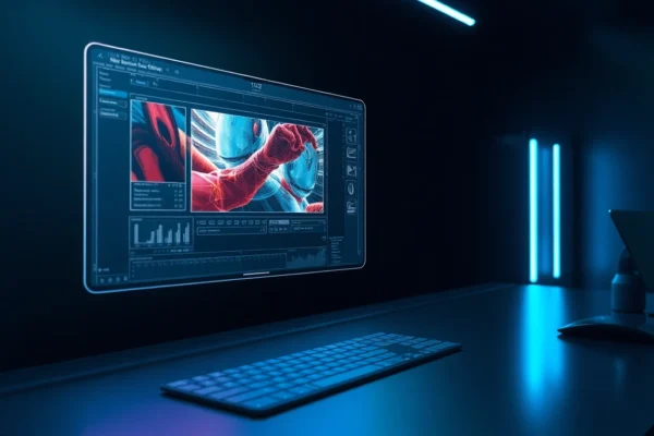 Futuristic AI interface editing a high-resolution image in a sleek modern workspace with holographic displays and ambient lighting.