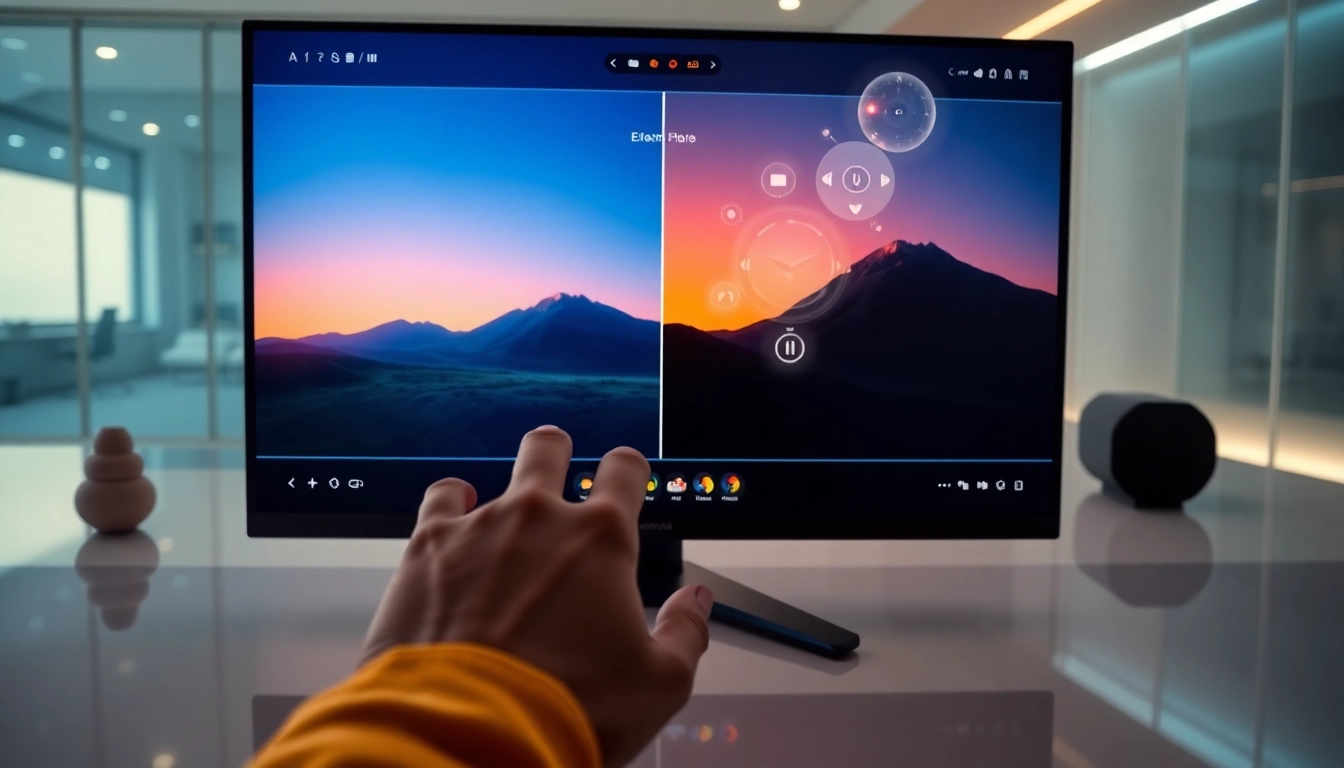 Close-up of a futuristic AI editing interface showcasing before-and-after image comparisons using Nano Banana AI, with vibrant colors and holographic controls.