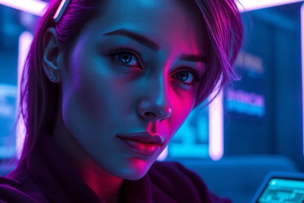 NSFW AI Generator-powered: Cinematic, neon-lit AI partner portrait with hyperreal detail