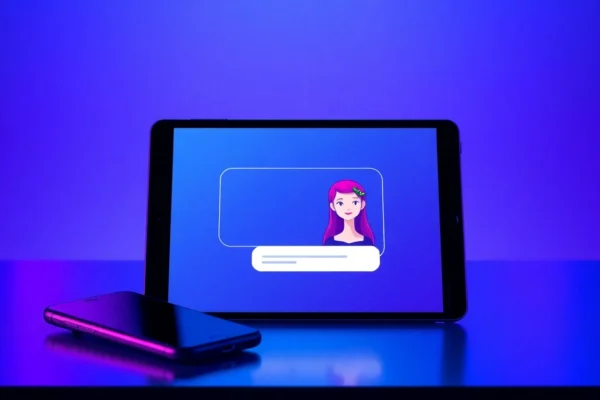 A digital illustration of a chat interface on a device showing customizable AI characters in a high-tech environment.