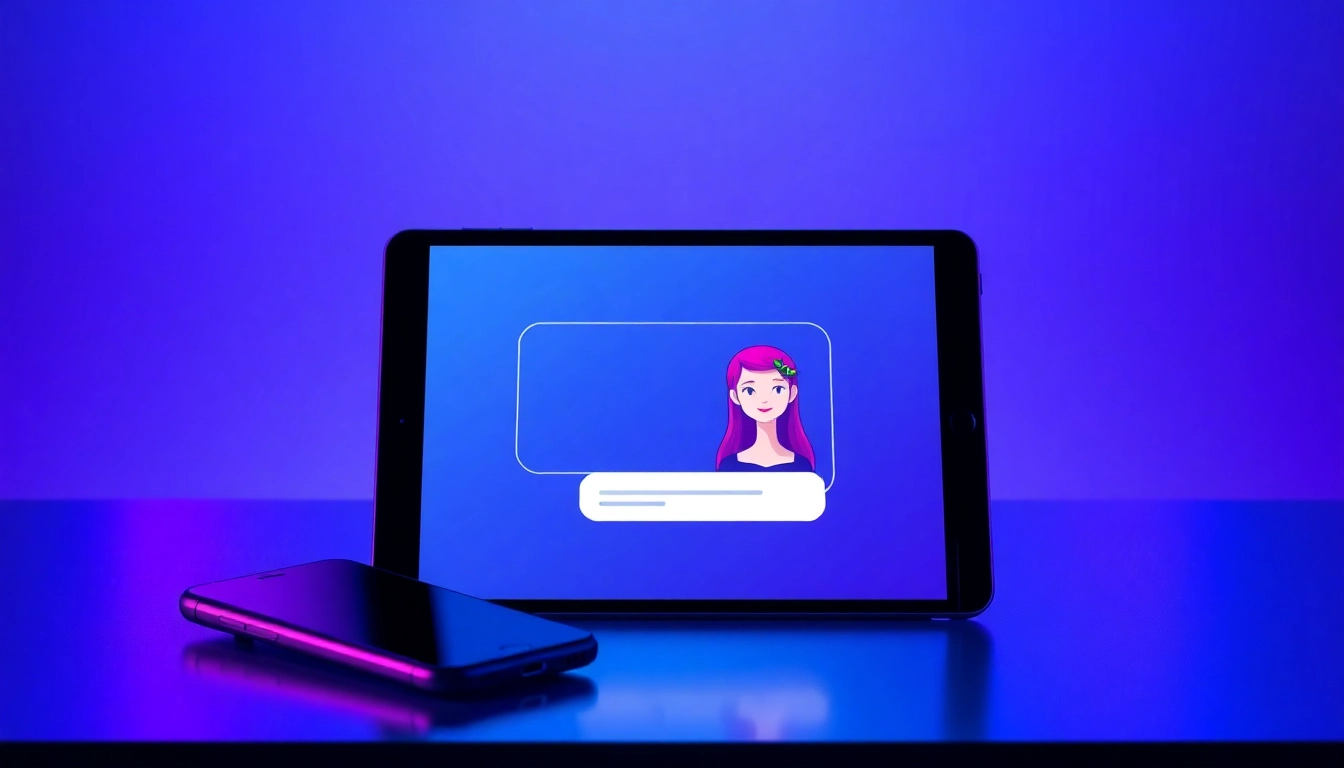 A digital illustration of a chat interface on a device showing customizable AI characters in a high-tech environment.