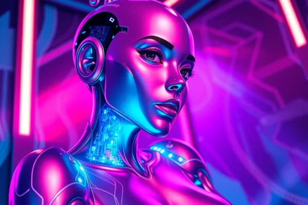 Futuristic AI character in a neon-lit virtual environment with glowing circuitry and alluring pose.