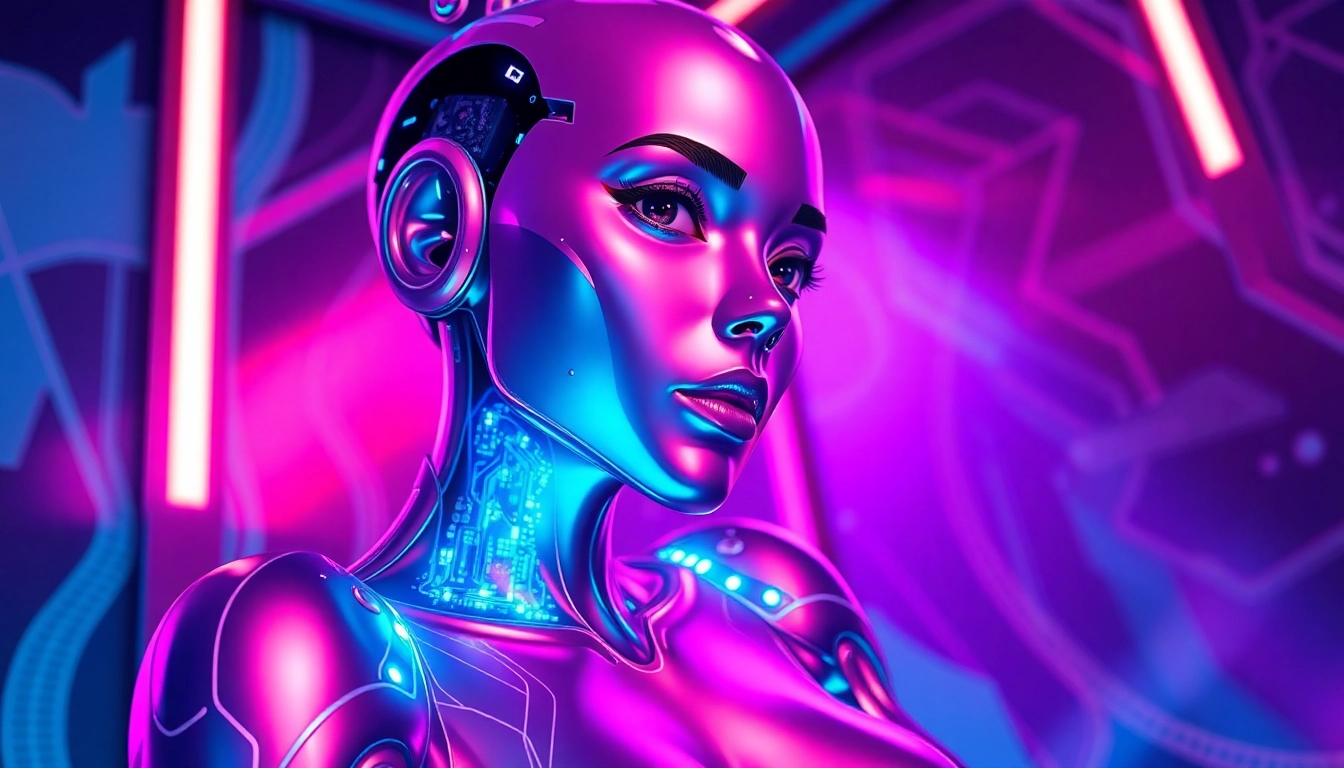 Futuristic AI character in a neon-lit virtual environment with glowing circuitry and alluring pose.