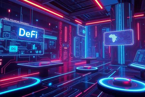 DeFi updates highlighted in a vibrant digital finance concept with blockchain visuals and data streams, illustrating latest trends in decentralized finance.