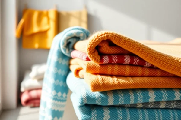 High-quality towels manufactured in Europe displayed in a modern textile studio, emphasizing craftsmanship and variety.