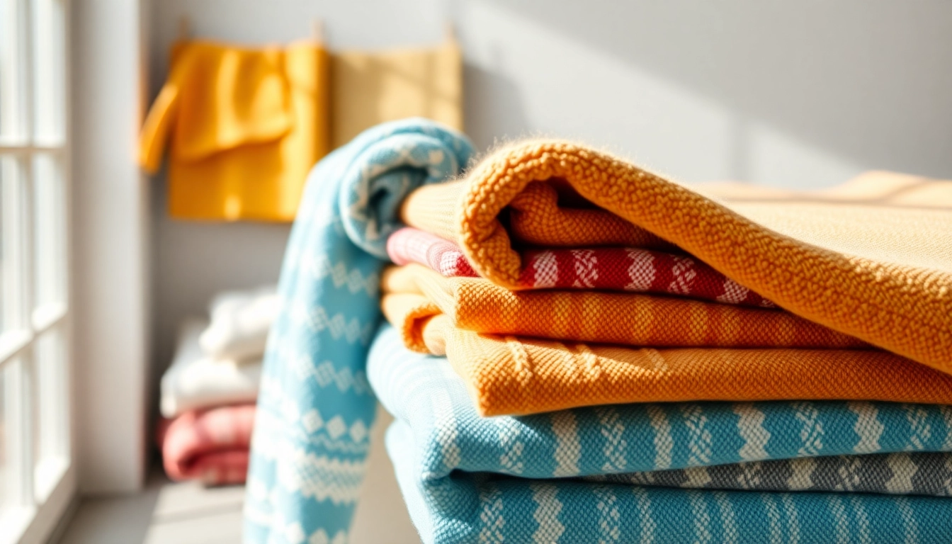 High-quality towels manufactured in Europe displayed in a modern textile studio, emphasizing craftsmanship and variety.