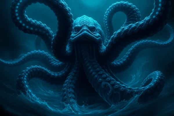 Effortless depiction of a kraken attacking a ship, tentacles wrapping around the vessel in deep