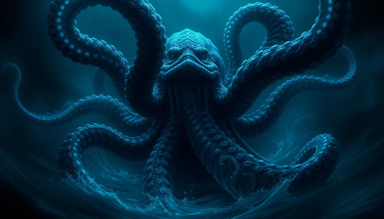 Effortless depiction of a kraken attacking a ship, tentacles wrapping around the vessel in deep