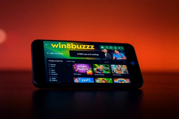 The Winbuzz App interface displayed on a smartphone with gaming and betting features in vibrant