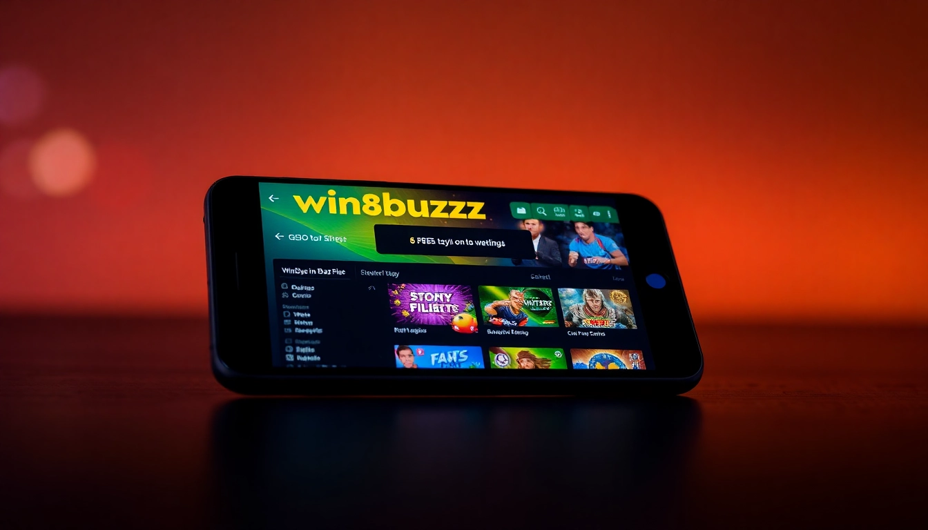 The Winbuzz App interface displayed on a smartphone with gaming and betting features in vibrant