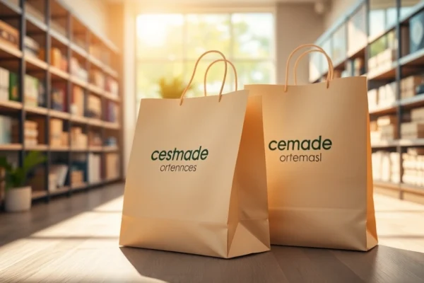 Eco-friendly torba papierowa in a retail shop, showcasing biodegradable paper bag with branding