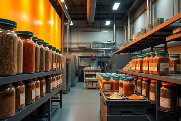 Suppliers showcase of a clean, modern spice manufacturing plant highlighting quality and