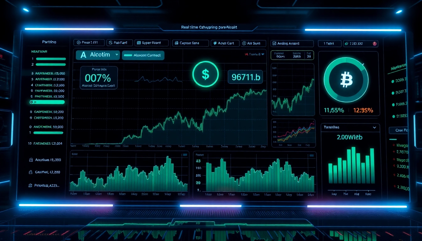 High-tech aicoin data analytics dashboard showing market trends and live trading charts for
